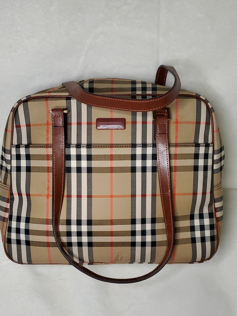 Burrberry Classic Plaid Tote Bag with Brown Leather Trim